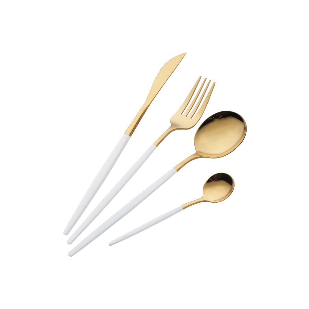 OUQIWEN 16 Piece White and Golden Cutlery Set,White Handle Knife Fork Spoon Set,White Gold Stainless Steel Cutlery ,4 Person Dinner Set (White Gold)