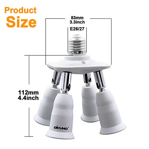 DiCUNO 4 in 1 E26/E27 Splitter Socket Adapter, E26/E27 Standard LED Bulbs Holder, Converter Chandelier Socket with 360 Degrees Adjustable 180 Degree Bending
