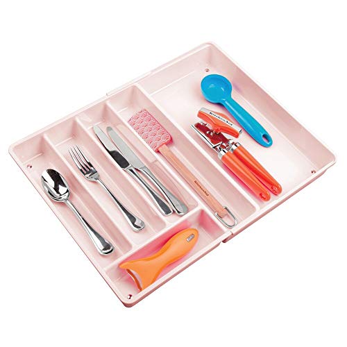mDesign Adjustable, Expandable Plastic Kitchen Cabinet Drawer Storage Organizer Tray - for Storing Organizing Cutlery, Spoons, Cooking Utensils, Gadgets - 2" High - Light Pink/Blush
