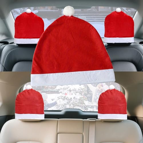 5pcs Custom Christmas car decoration comfort santa hat car seat headrest covers, Personalised Interior Xmas Car Accessories fits Most Vehicle for Christmas New Year Festival Holiday Party