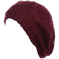 BYOS Winter Chic Warm Double Layer Leafy Cutout Crochet Chunky Knit Slouchy Beret Beanie Hat Solid