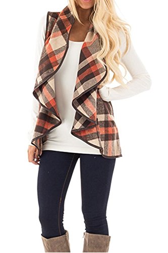 image for YACUN Women Vest Lapel Open Front Buffalo Plaid Sleeveless Cardigan Ja