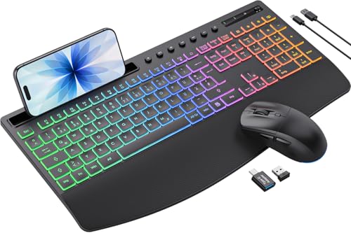 Keyboard Mouse Set Wireless Illuminated Rechargeable Keyboard with 4000 mAh Battery, Phone Holder, Quiet Full Size Typing, 3 DPI Mouse, 2.4GHz USB-A/USB-C for Chrome OS/Window/PC KM22 Ultra