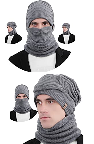 Winter Hat Outdoor Wind Proof 3pcs Unisex Knit Hat Skull Cap Knit Slouchy Beanie Wool Hat Ski Hat with Neck Warmer Scarf, Cloth Mask and Pocket Filter (Cap Grey)