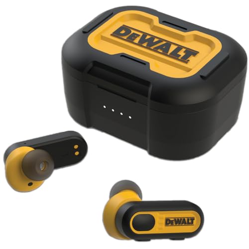 DEWALT True Wireless Bluetooth Earphones In-Ear Headphones with USB-C Charging Case, Up to 37 Hours Autonomy, Dust and Water Resistant IP56 Ideal for Work, Construction Site and Outdoor Use Yellow