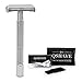 QSHAVE Double Edge 4 inch Long Handle Safety Razor Twist Butterfly Open Chrome Matte Finish (1 Razor + 5 pcs Titanium Coated Blades)