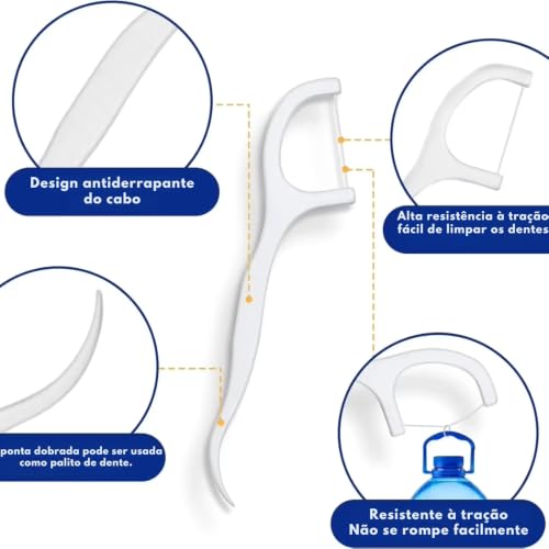 Fio Dental com Haste 2 em 1 Macio e Resistente 400 Unidades Limpeza Bucal Antideslizante Higiênico - Ideal para Viagens e Uso Diário