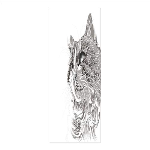 Decorative Privacy Window Film/Cat Head Portrait Furry Cute Head Kitten Domestic Meow Pet Drawing Illustration Decorative/No-Glue Self Static Cling for Home Bedroom Bathroom Kitchen Office Decor Grey