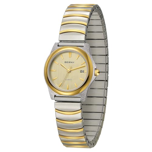 BERNY Dainty Watches for Women with Elastic Band Ladies' Analog Quartz Watch Ultra Thin Golden/Silver Two-Tone Stainless Steel Expansion Strap 3ATM Waterproof