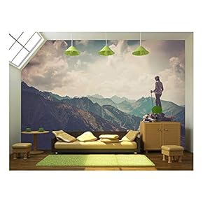 Woman Hiker on a Top of a Mountain - Removable Wall Mural | Self-Adhesive Large Wallpaper - 66x96 inches