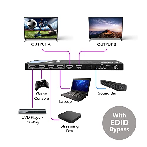 OREI 4K HDMI Matrix Switch 4 X 2, Switcher 18G UltraHD with Arc Supports Upto 4K @ 60Hz & 1080P IR Audio Extractor Arc EDID HDCP 2.- Remote Control - Full Matrix Selection
