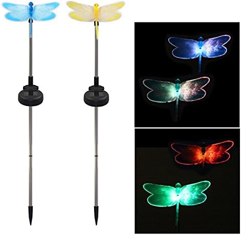 CISTWIN Pack of 2 Solar Fiber Optic Color-changing Garden Stake Light - Dragonfly