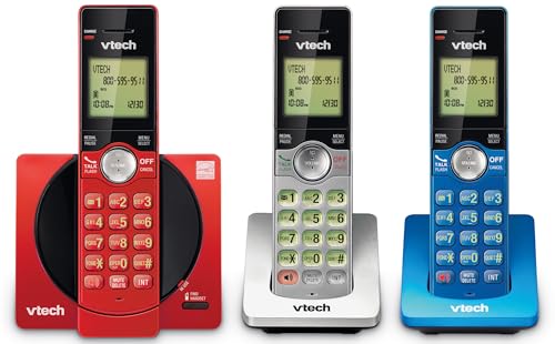 VTech 3-Handset Cordless Phone for Home with Caller ID/Call Waiting, Landline Phones, Illuminated Keypad, Full Duplex Speakerphone, ECO & Quiet Mode, Wall Mount | CS6919-3A (Red/Blue/Grey)