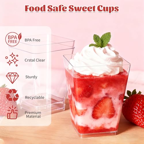 Hsxfl Pack of 50 Plastic Dessert Glasses, 150 ml Dessert Cups Plastic with Spoons, Clear Dessert Bowls, Reusable, Square Dessert Cups, Trapezoid Cups for Desserts, Pudding, Family Desserts