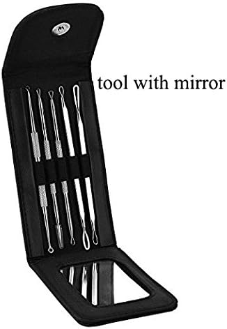 Thuctek Blackhead Remover Tool Kit - Comedone Pimple Popper Extractor Tool,Curved Blackhead Tweezers,Acne Removal Kit for Whitehead/Pores/ Blemish Leather Bag with Mirror,Pack of 5