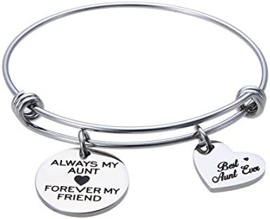 Jewelady Always My Aunt Forever My Friend Engraved Stainless Steel Expandable Bangle Bracelet with Heart Charm