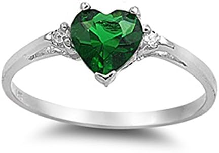 Sterling Silver Women's Green Cubic Zirconia Solitaire Heart Ring (Sizes 3-13) (Ring Size 13)