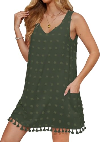 Yincro Womens Swimsuit Cover Up Swiss Dot V Neck Tank Beach Dress with Pockets(Olive Green, L) at Amazon
