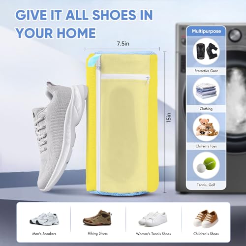 Teletrogy 2 Pieces Washing Machine Shoe Bag – Washing Machine Bag with 360° Cleaning, 3 in 1 Reusable Shoe Washing Bag with Adjustable Size, Hidden Zip, Yellow