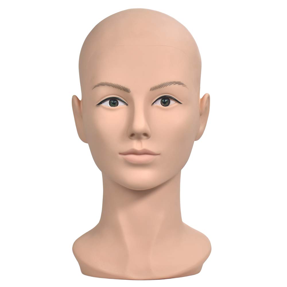Female Training Head Bald Mannequin Head Manikin Doll Head for Wig Making,Glasses, Hat Display with Free Clamp