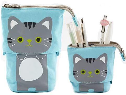 Kaxich Stand Pencil Case Holder Canvas Cute Cartoon Cat Pencil Pouch Bag Makeup Bag Stand Stationery Organizer with Zipper Closure