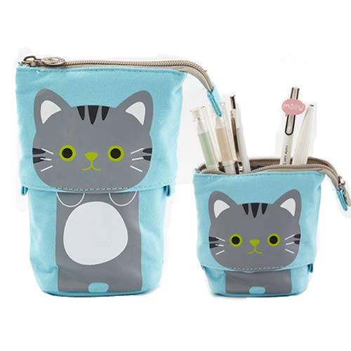 Kaxich Stand Pencil Case Holder Canvas Cute Cartoon Cat Pencil Pouch Bag Makeup Bag Stand Stationery Organizer with Zipper Closure