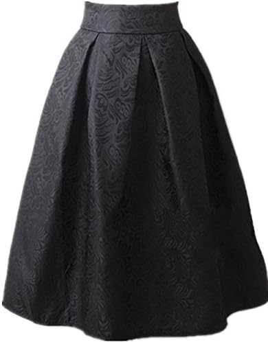 Women’s High Waist Jacquard Pleated Skirt Vintage Midi Skater Skirt (Medium, Black)