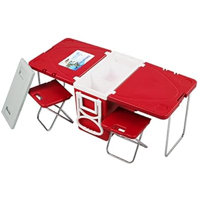 New Multi Function Rolling Cooler Picnic Camping Outdoor w/ Table & 2 Chairs Red