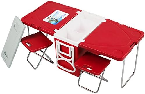 Honesty New Multi Function Rolling Cooler Picnic Camping Outdoor w/ Table &amp; 2 Chairs Red