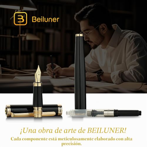 BEILUNER Luxury Fountain Pen, Piano Lacquer with 24K Gold Finish, Reliable Gift with Converter for Him and Her, Elegant Pen - Black and Gold, Fine Nib