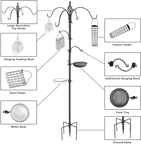 Bird Feeding Station Kit, 6-Hook Bird Feeder Stand, Bird Feeder Pole with 3 Bird Feeders and Mesh Tray and Bath Tray, Upgraded 5-Prong Base Bird Feeders for Outdoors Hanging, 89\