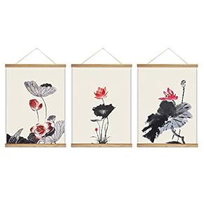 3 Panel Hanging Poster with Wood Frames Lotus Canvas Artwork Wall Picture Home Decoration - 18"x24"x3 Panels