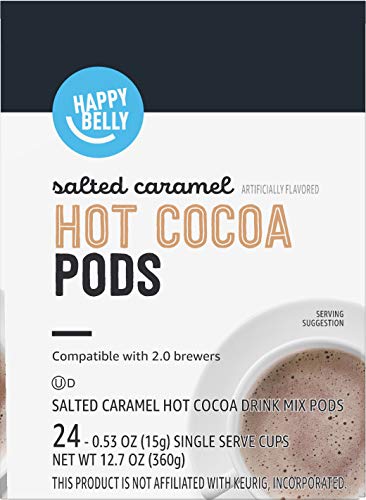 AMAZON BRAND – HAPPY BELLY HOT COCOA PODS COMPATIBLE WITH 2.0 K-CUP BREWERS, SALTED CARAMEL FLAVORED, 24 COUNT