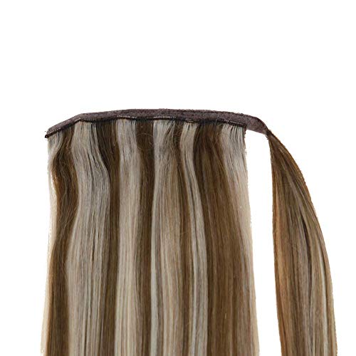 LaaVoo 18" Straight Long Ponytail Human Hair Extension Hairpiece Wrap Around Pony Tail Clip in Hair Extensions For Girl Lady Woman Highlight Color Light Brown to Light Blonde 80g