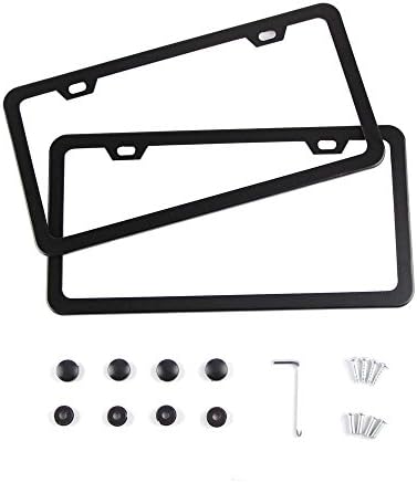FelizCoche 2 PCS Aluminum Alloy Matte Black License Plate Frame 2 Holes with Black Screw Caps (slim bottom, black)