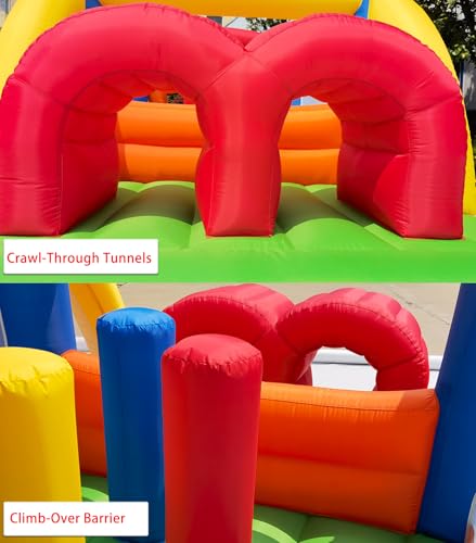 HuaKastro 16.3x7.2FT Kids Bouncy Castle Inflatable Obstacle Course with Dual Racing Slides, Crawl Tunnels, Climbing, Obstacles, Jumping All in One, Great for Children's Outdoor Party - with Blower