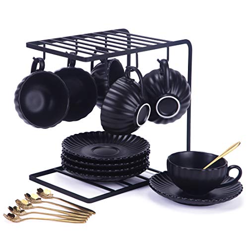BonNoces Porcelain Tea Cup and Saucers Set, 6 Oz Elegant Matte Petal Shaped Tea Coffee Cup Set, with Flower Spoons and Metal Display Stand, Set of 6 (Black)