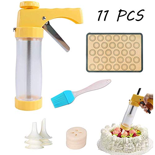 11-Piece Cookie Press Gun Kit Set with 1 Macaroon Baking Mat Sheets,10 Decorative Stencil Discs and 6 Icing Tips,1 Cleaning Brush