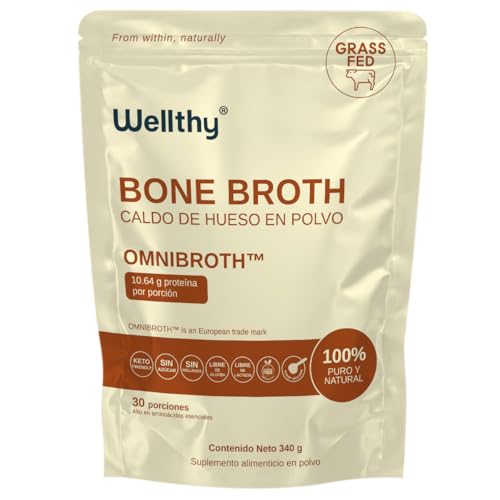 Wellthy Bone Broth Sabor Natural 340g. Caldo de Hueso en Polvo Grass Fed OMNIBROTH™, 10.64g de Proteina por Porción, Incluye Scoop, Sugar Free, Gluten Free, Bottle Free.
