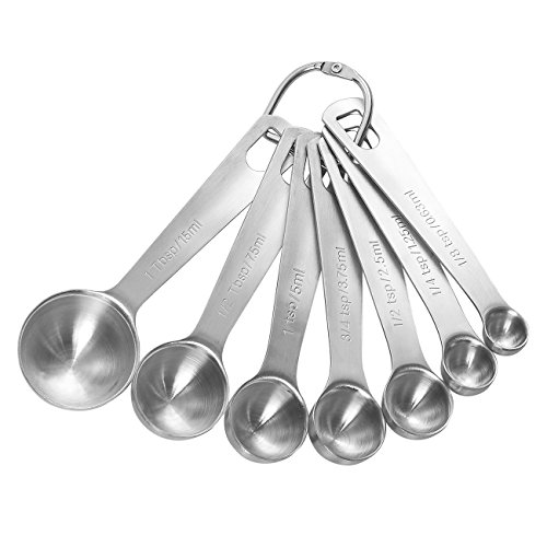 7 Piece Stainless Steel Measuring Spoons with Loose-Leaf Ring for Easy Removal, 1/8 Teaspoon to 1 Tablespoon