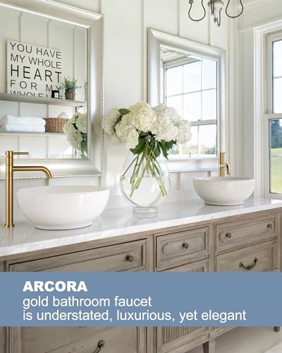 ARCORA High Basin Tap, High Single Lever Mixer, 360° Rotating, Ceramic Cartridge, Solid Brass Stainless Steel, Smooth Temperature Adjustment, for Bathroom Sink, Gold