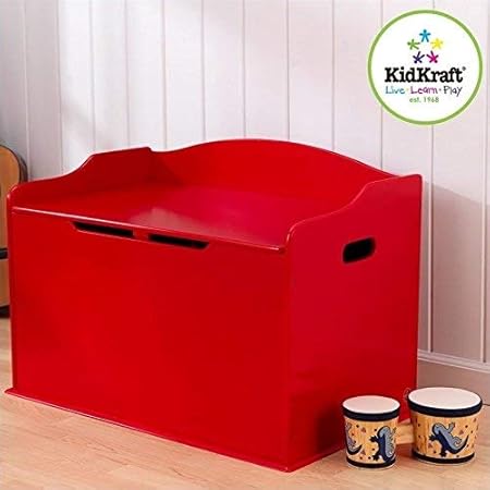 red wooden toy box