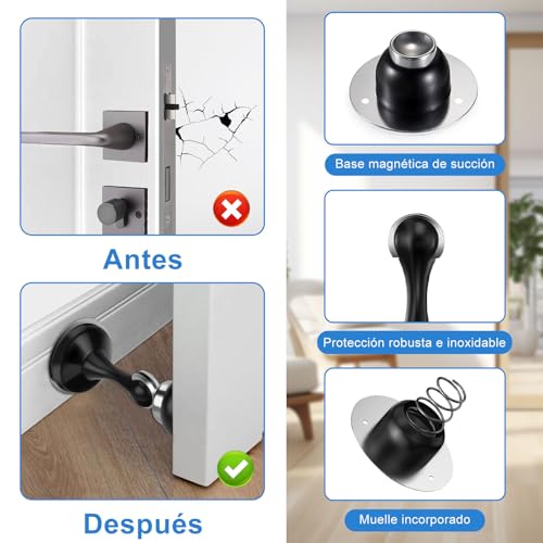 LSXD Tope de Puerta Magnético, 2 PCS Inoxidable Door Stopper, Imanes para Puertas con Cinta Adhesiva y Tornillos, Detenedor de Puerta Protector de Pared Contra Golpe para Dormitorio, Cocina, Negro