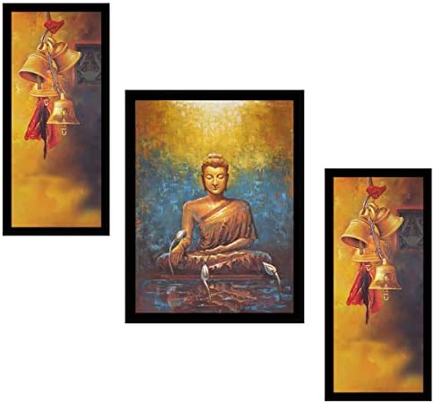 Miniscape Lord Buddha 3 Pcs Wooden Framed Brown Color Modern Art Wall Painting- MP002C1F3