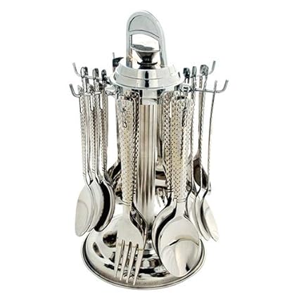 Navisha Stainless Steel Cutlery Set 24 with Revolving Stand, 18 Different Style Spoon & 6 Fork (Silver, Medium)