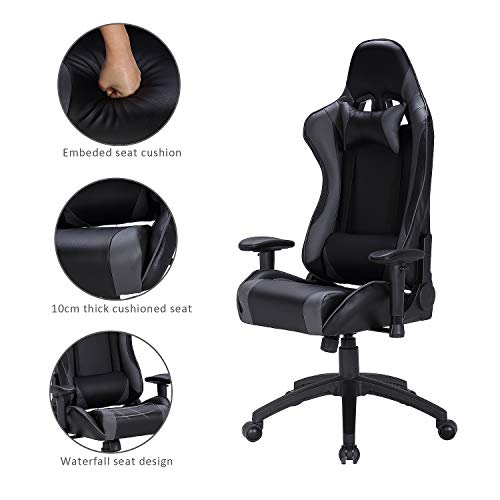 LCH Ergonomic Computer Gaming Chairs- Racing Style Height Adjustable, High-Back PU Leather Executive Office Chair with Headrest and Lumbar Support
