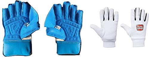 SS Catcher Premium Cricket Wicket Keeping Gloves (Cotton Inner Gloves Included), Mens Size (Blue)