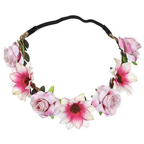 Women Girl Sunflower Rose Flower Crown Wedding Festival Headband Hairband Hair Garland(Pink)
