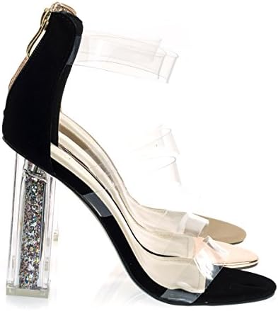X2B Clear See Through Perspex Block Heel Dress Sandal W Glitter Plexiglas,Black Nubuck,6.5