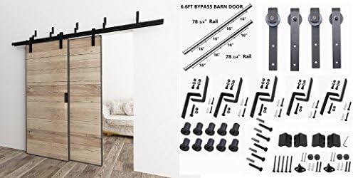Mrhardware 6.6 FT Bypass Sliding Door Hardware Black Metal manufacturing Barn Door Hardware Kit (J Shape Hanger)(2pcs 6.6 Foot Rail)